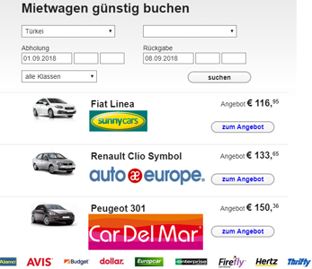 Beispiel Mietwagenpreisvergleich